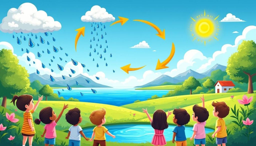 découvre le cycle de l’eau expliqué simplement aux enfants : évaporation, condensation, précipitations et retour de l’eau sur terre. un texte facile à comprendre pour tout savoir sur ce voyage incroyable des gouttes d’eau !