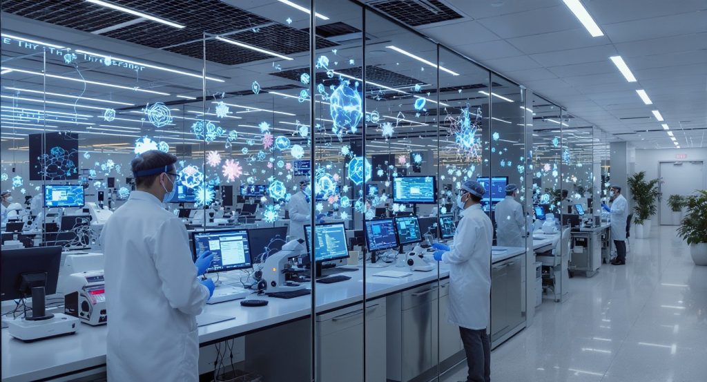 Recherche médicale moderne avec scientifiques et technologies innovantes